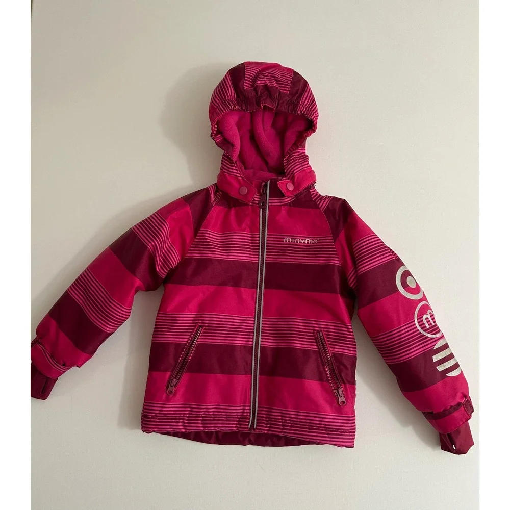 Minymo Kids Pink Striped Hooded Winter Jacket Insulated Ski Coat Thumbhole Cuffs